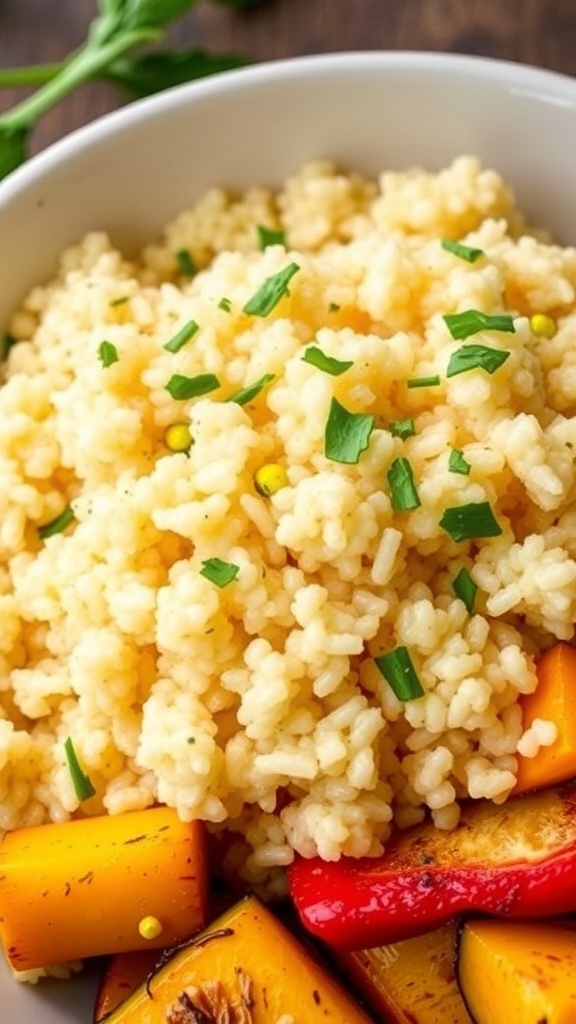 A bowl of fluffy quinoa garnished with herbs, next to roasted vegetables.
